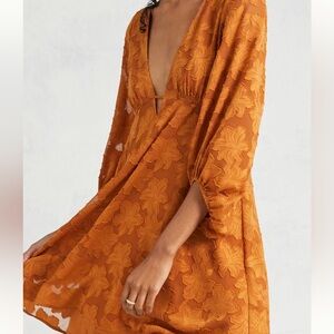 Anthropologie Burnt Orange Textured Floral Plunge Mini Dress